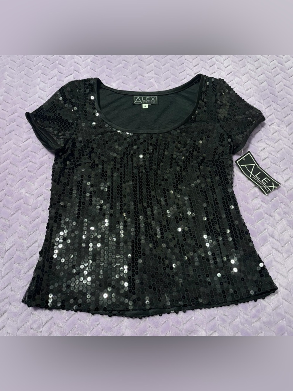 NWT Alex Evenings Black Sequin Scoop Neck Short Sleeve Top (Retail: $100)